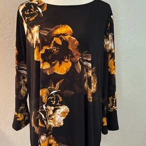 Susan Graver Black & Gold Floral Tunic Top – Size 1X – 3/4 Sleeve